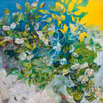 Camélias – bleu & jaune – techniques mixtes — 0,90m x 0,90m