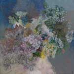 Composition gris-bleu aux hortensias – techniques mixtes — 0,90m x 0,90m